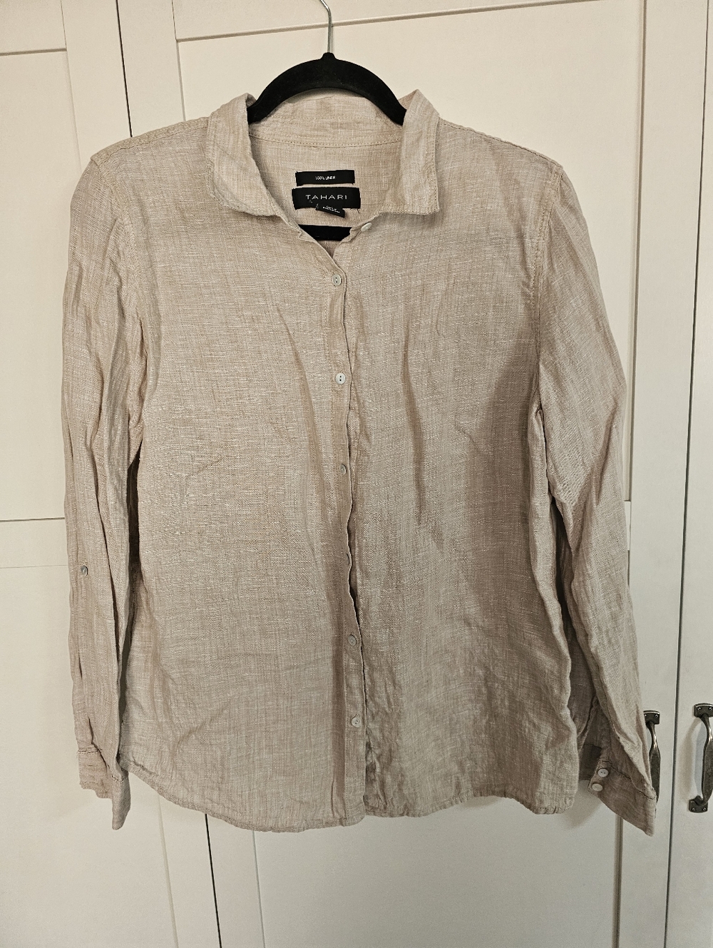 RAD TAHARI Linen Shirt Large! 80s Style Roll Tab Sleeve Button Up EXCELLENT!
